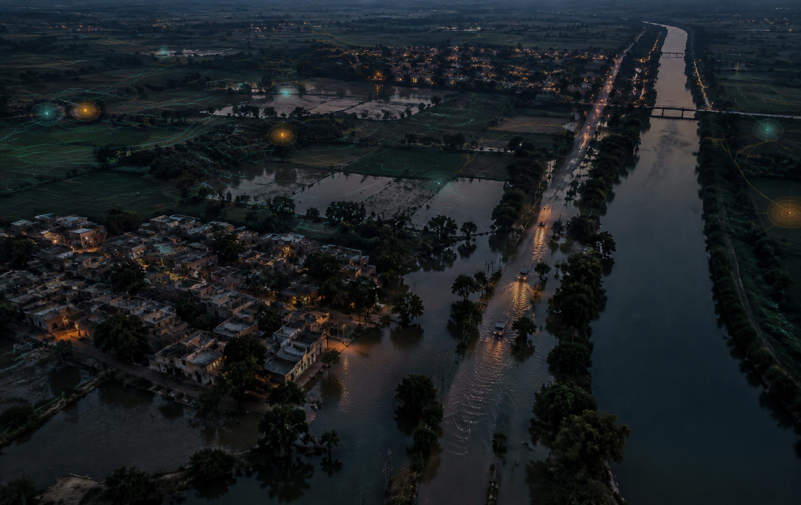Aerial view of a district with a flooded village access road and demand hotspots marked